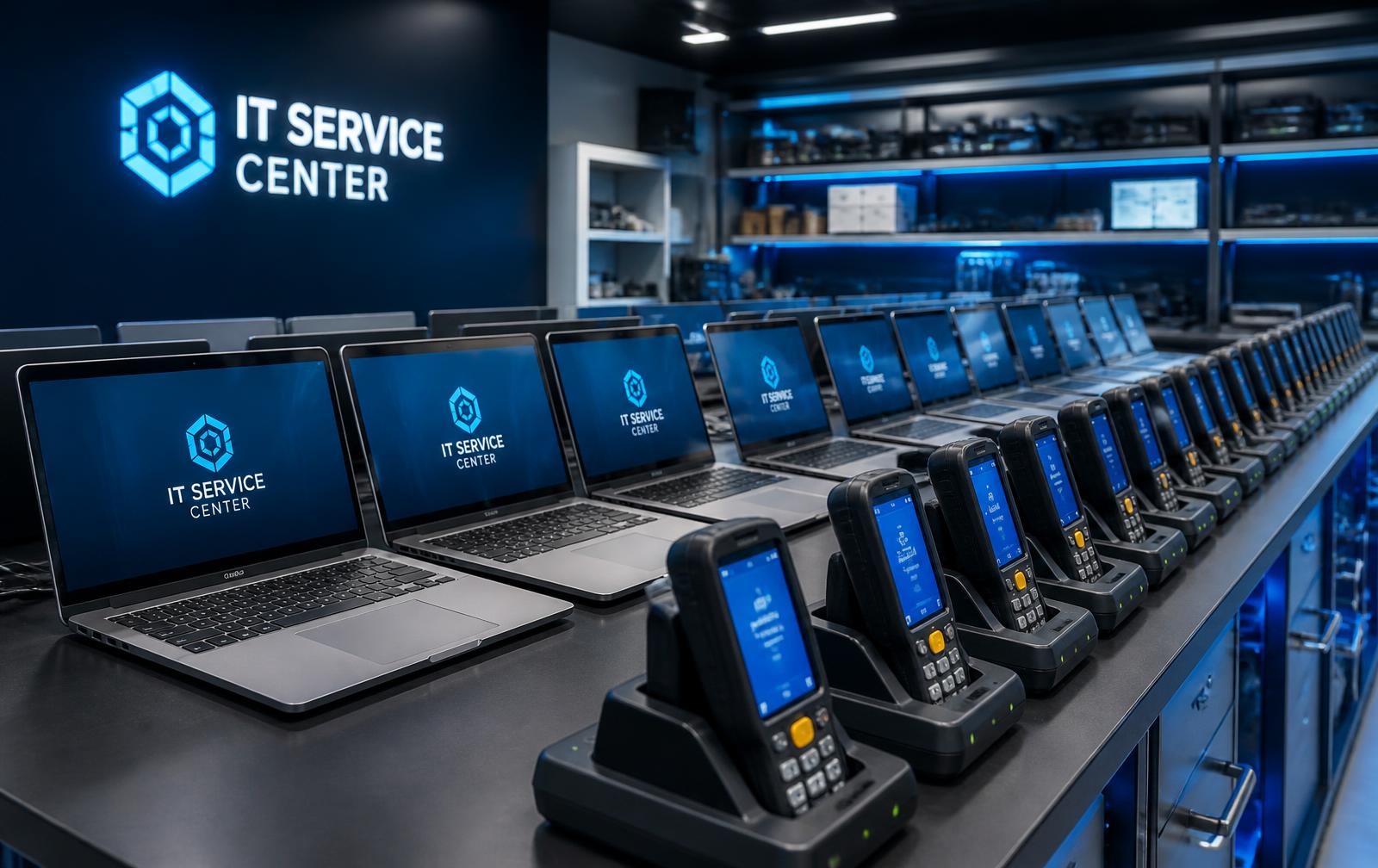 Bancada da SmartHard com notebooks e coletores de dados prontos para manutenção